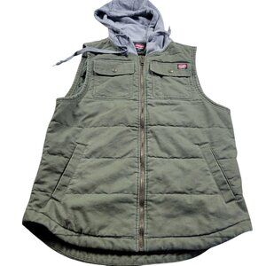 WRANGLER Vest Mens Medium Green Chore Workwear Canvas Full Zip Hoodie Hooded